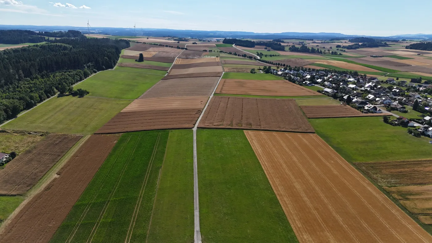 Luftaufnahme landwirtschaftlicher Felder in unterschiedlichen Farben mit angrenzendem Dorf